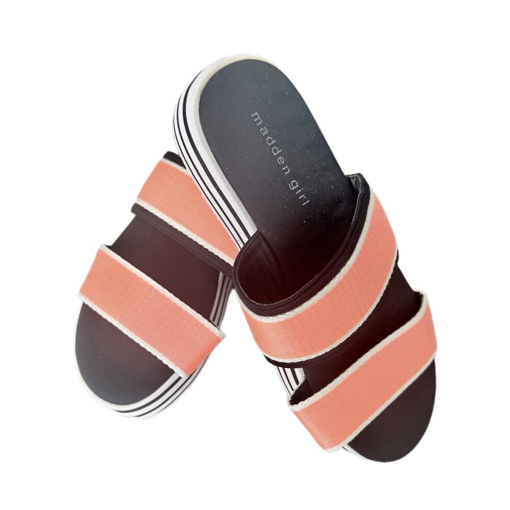Madden Girl Neon Orange Flatform Slide Sandals Size 8 Elasticized Straps Great